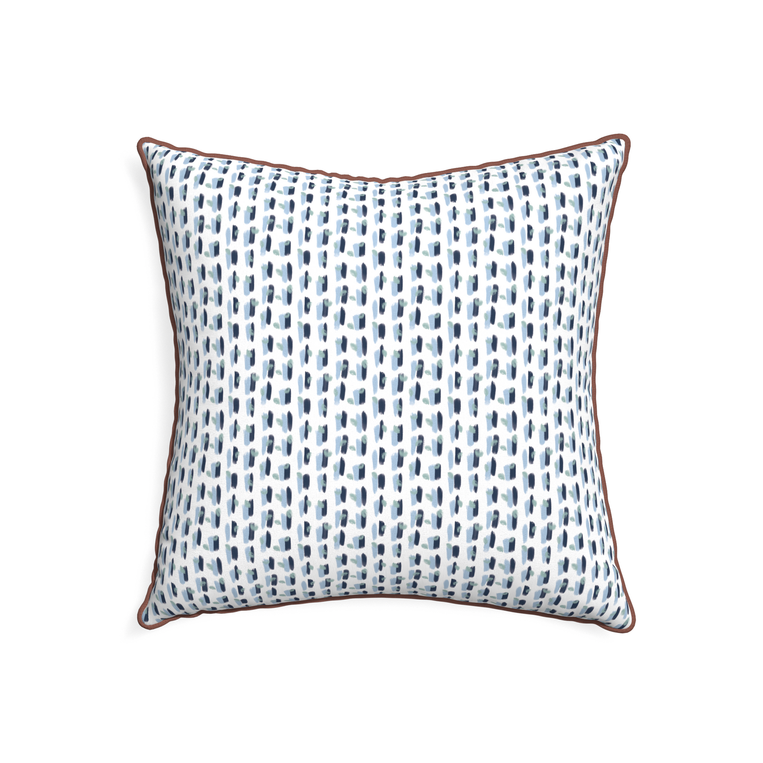 22-square poppy blue custom pillow with w piping on white background
