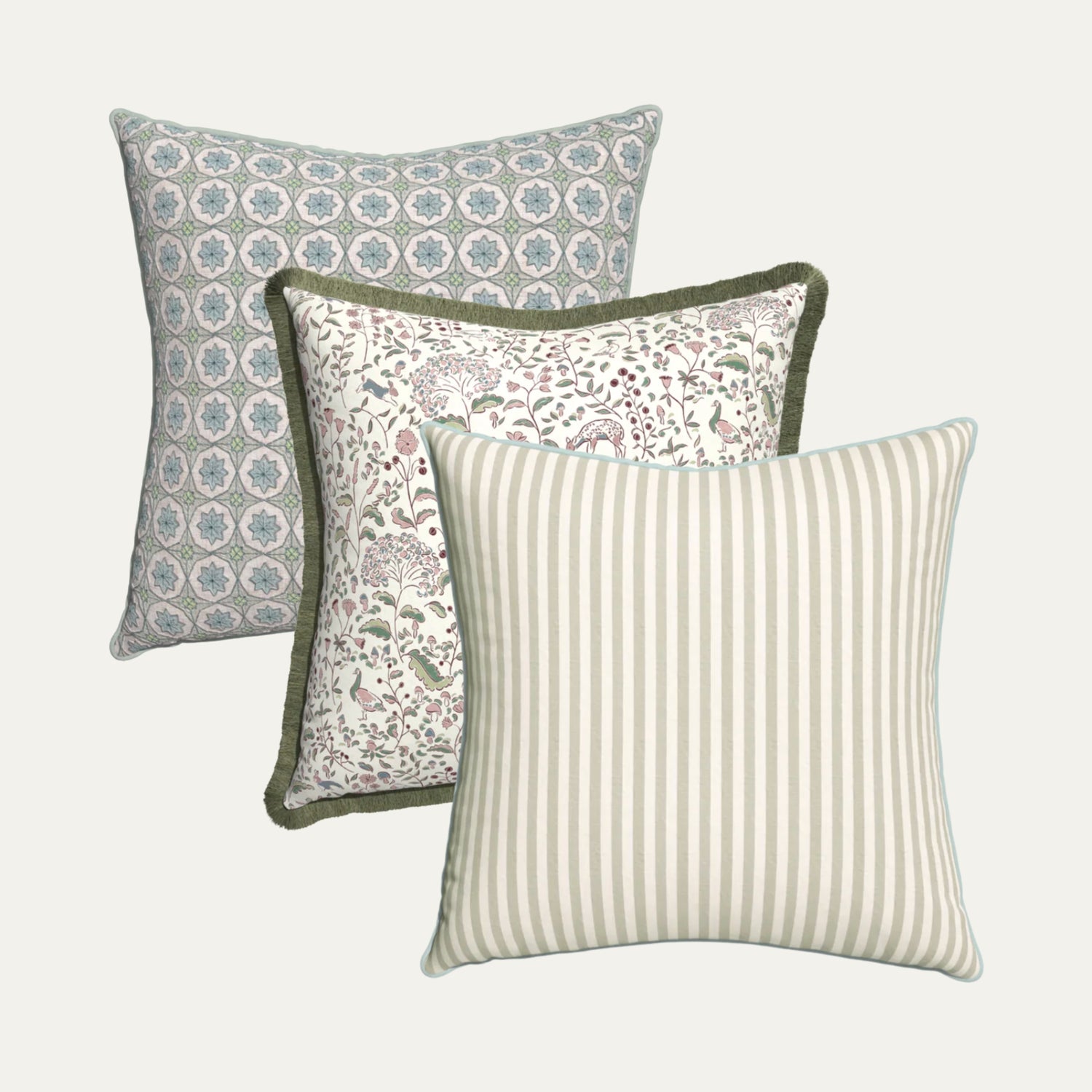 BY Interiors pillow bundle with soft floral, geometric, and striped patterns, perfect for fast custom home decor projects