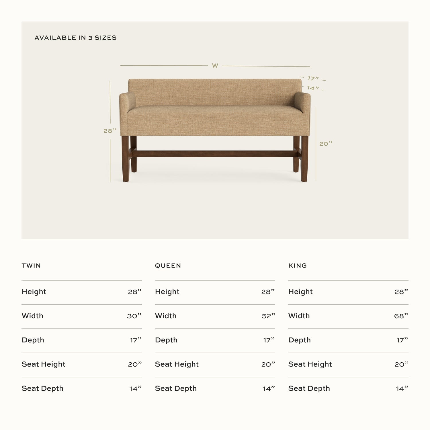 Hayes Sea Salt bench in neutral fabric with wooden legs showing height, width, depth, and seat measurements for custom sizing