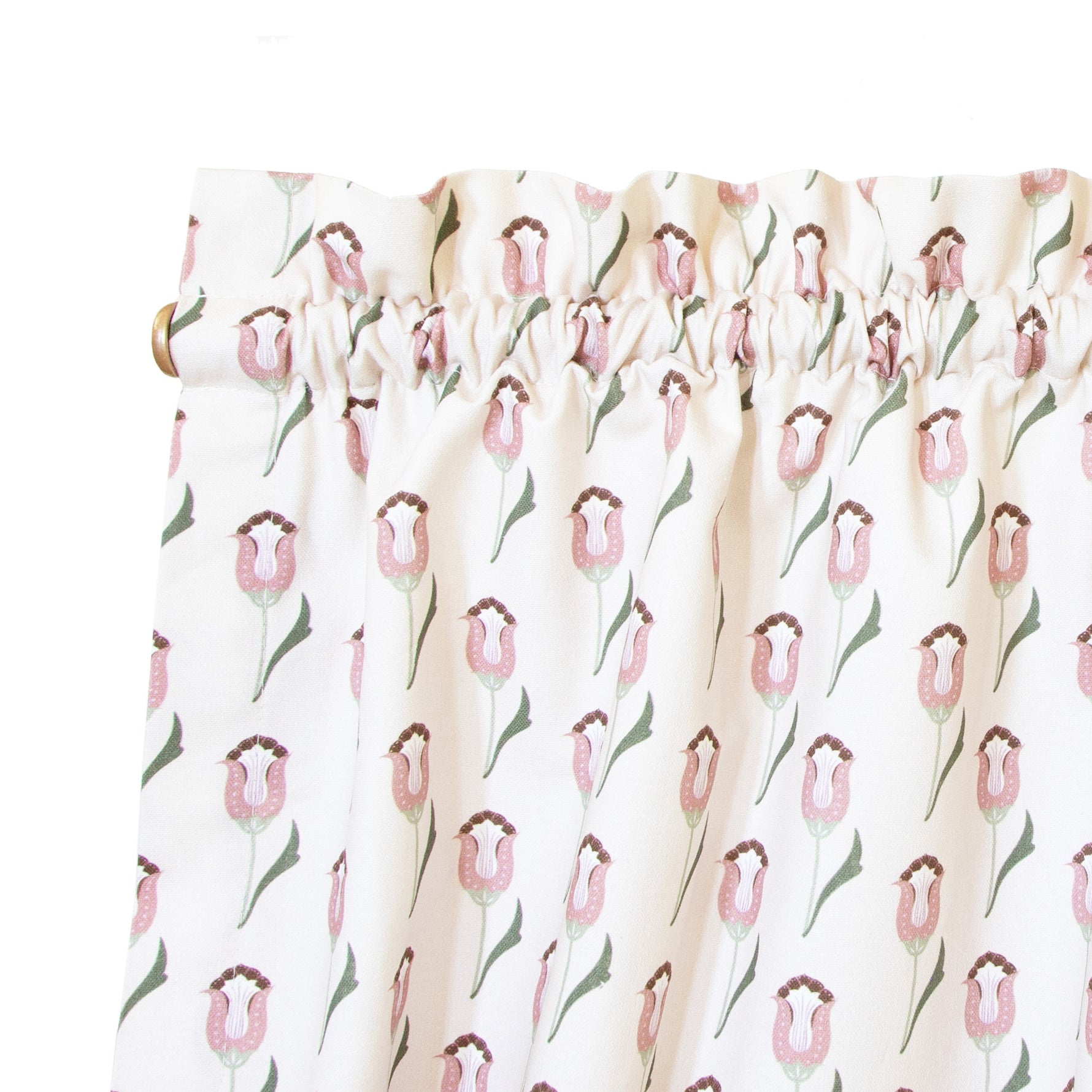 abstract floral pink rod pocket cafe curtain close up 