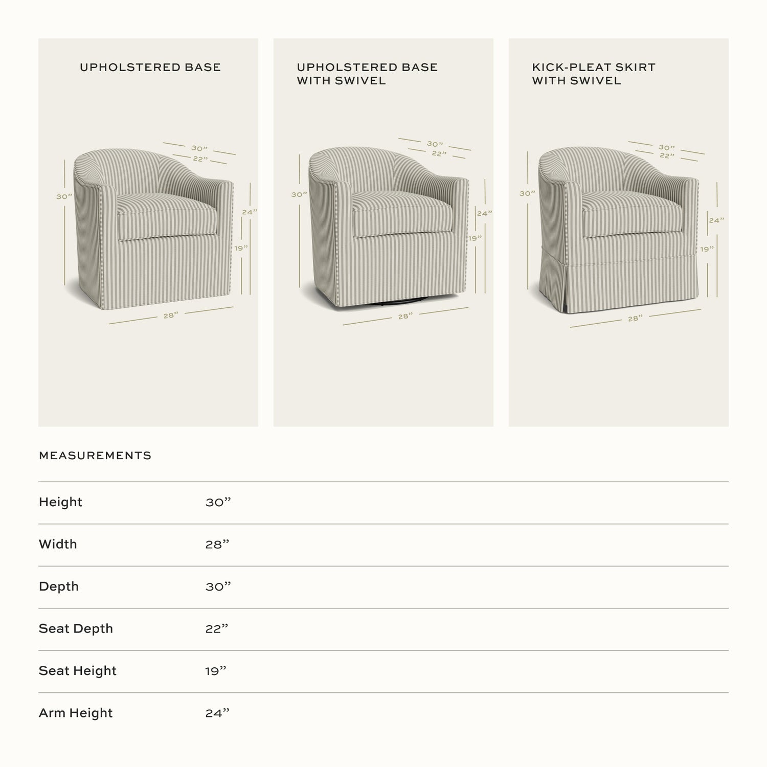 Three views of Millie Moss chair in striped fabric showing upholstery, swivel base, and kick-pleat skirt options with measurements.