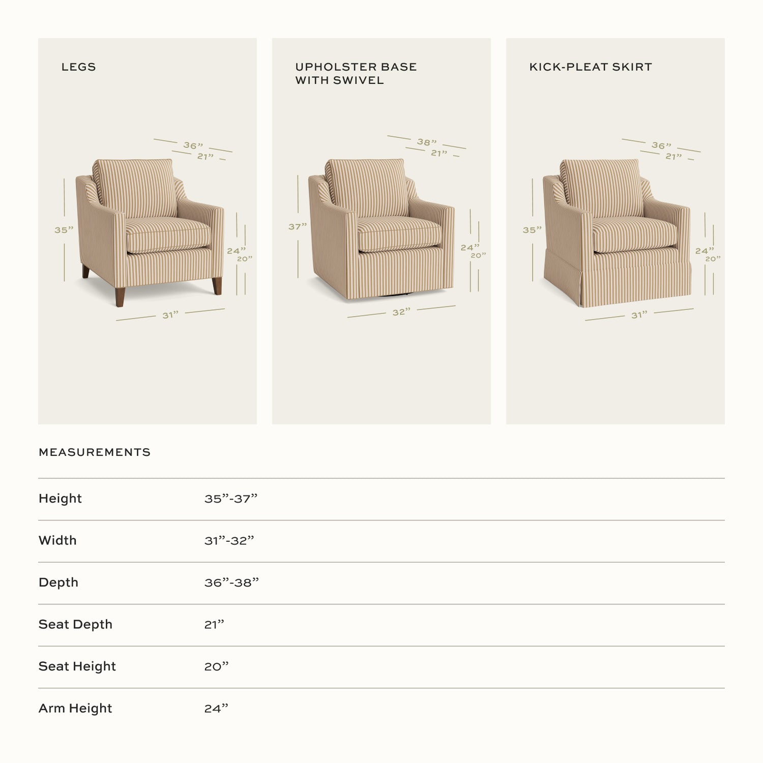 Margot Flour armchair options featuring striped upholstery with leg, swivel, and kick-pleat skirt styles, made-to-order design
