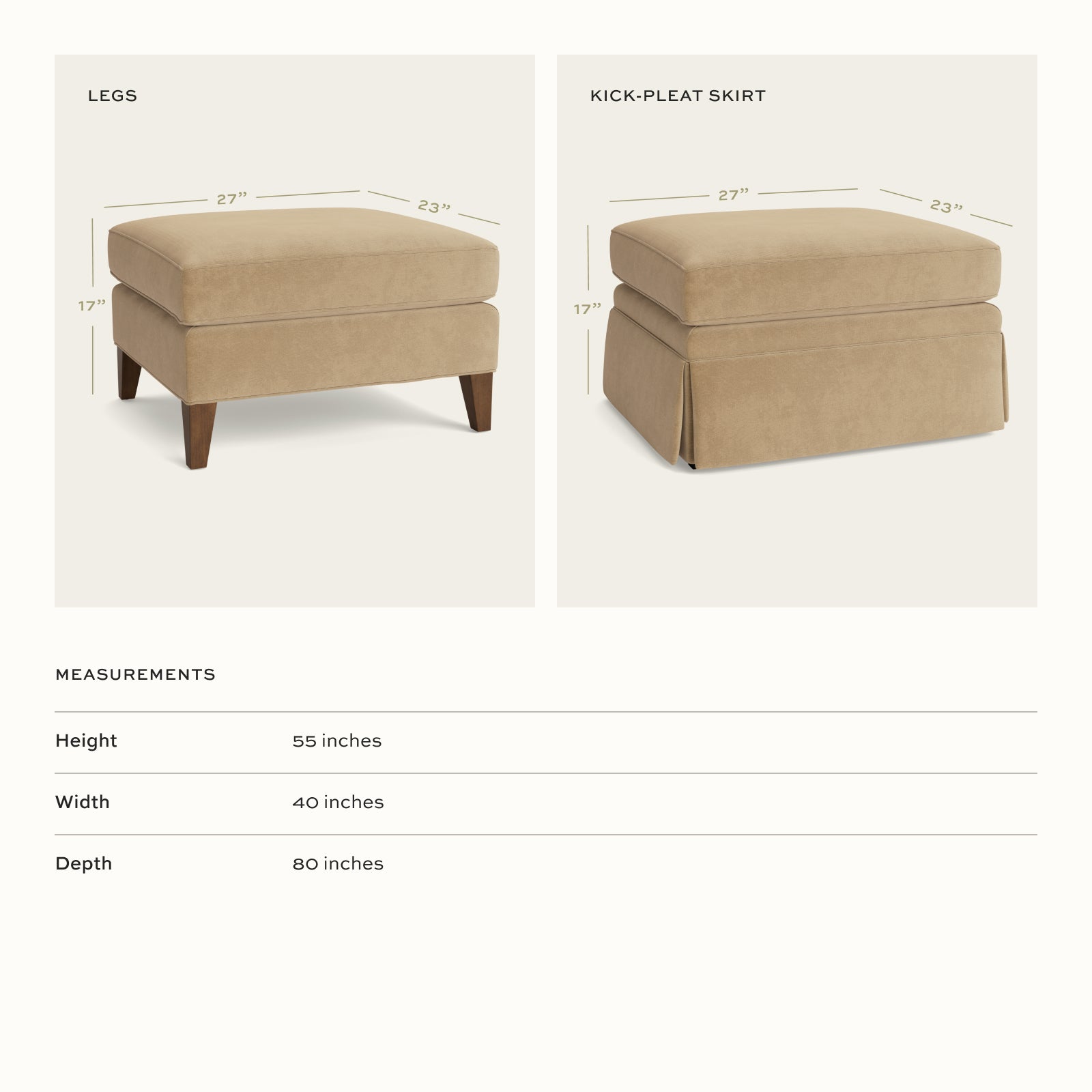 Margot Flour ottoman options in soft beige fabric featuring leg or kick-pleat skirt styles, customizable design