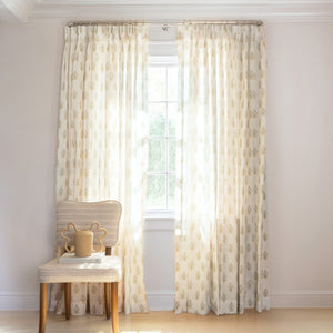Lucie Chamomile Tailored Pleat curtains with soft chamomile print, made-to-order with quick lead times, crafted in the USA quality