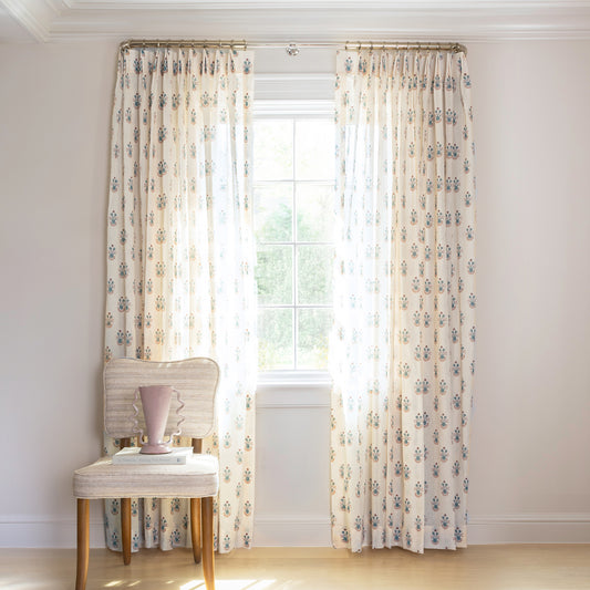 Lucie Harbor Tailored Pleat sheer curtains with soft floral print on cream, made-to-order, short lead times, manufactured in the USA