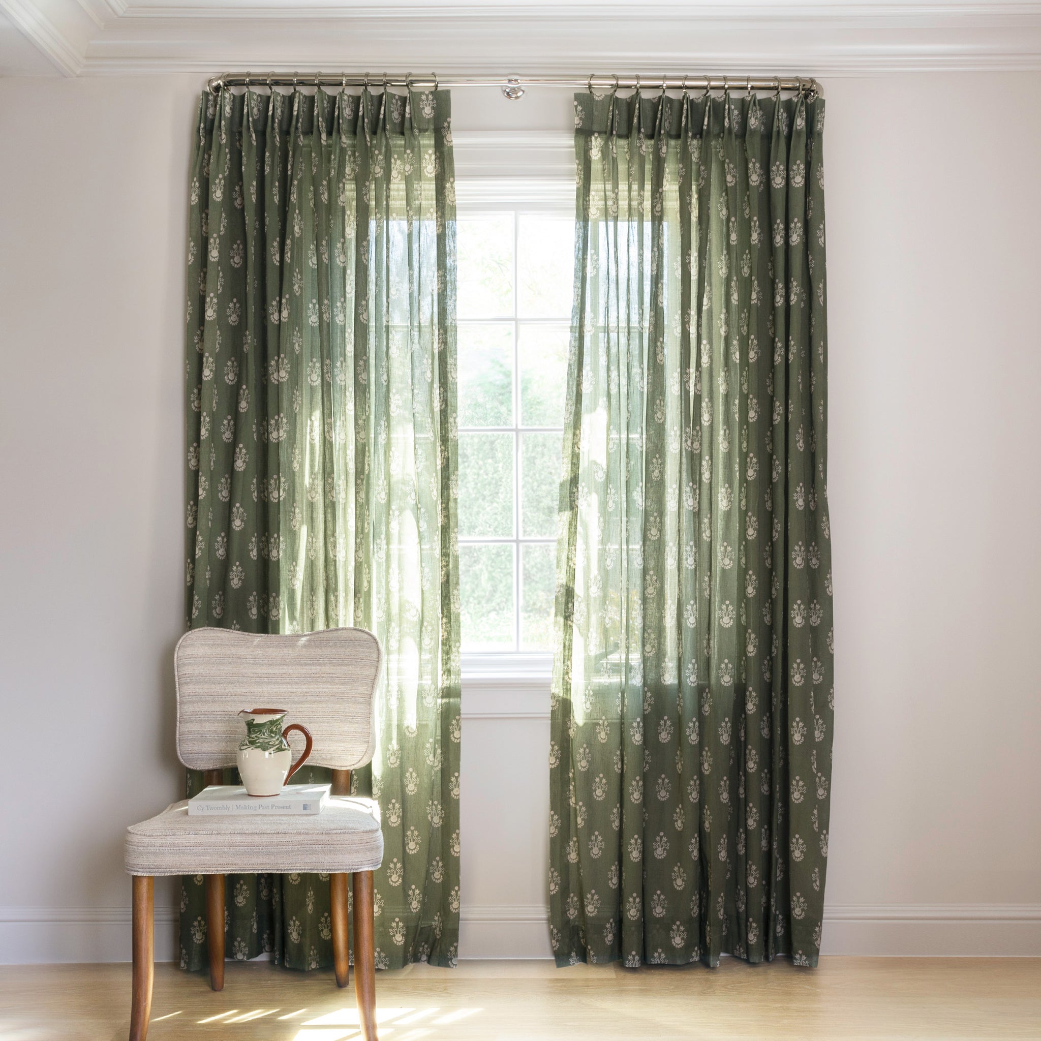 Lucie Olive Tailored Pleat curtains in soft olive green with delicate print, made-to-order, short lead times, manufactured in the USA quality