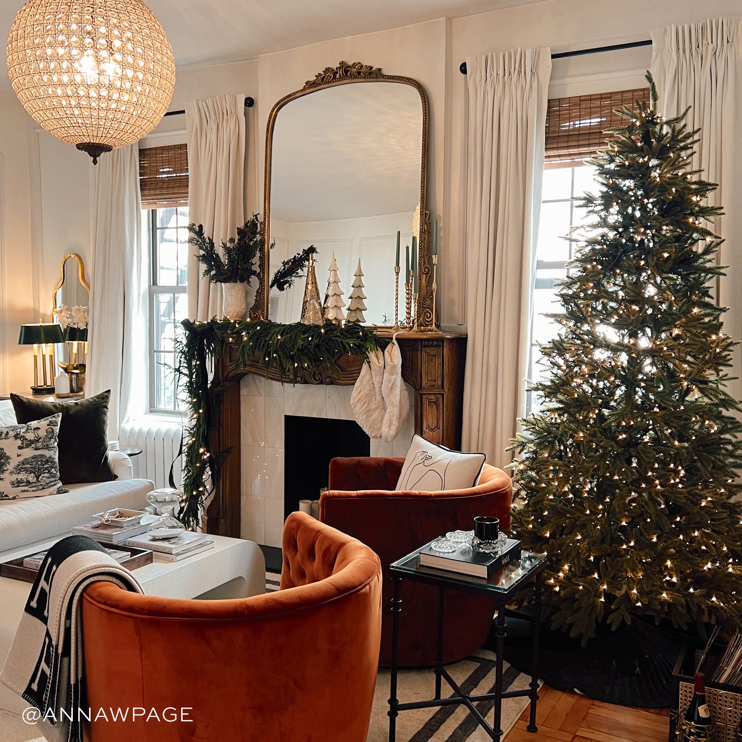 Living room decorated for the Christmas Festivities styled with Natural White Linen Curtains. Photo taken by Anna W Page