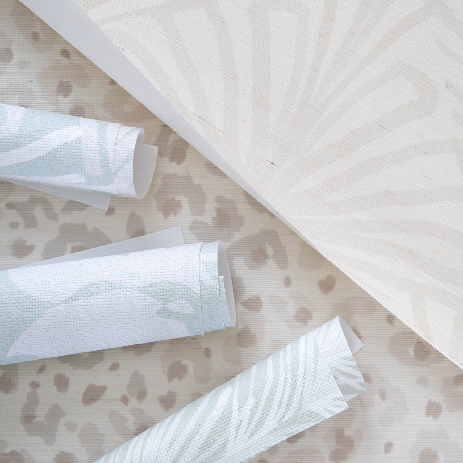 design inspiration board of cream and green patterned grasscloth wallpapers