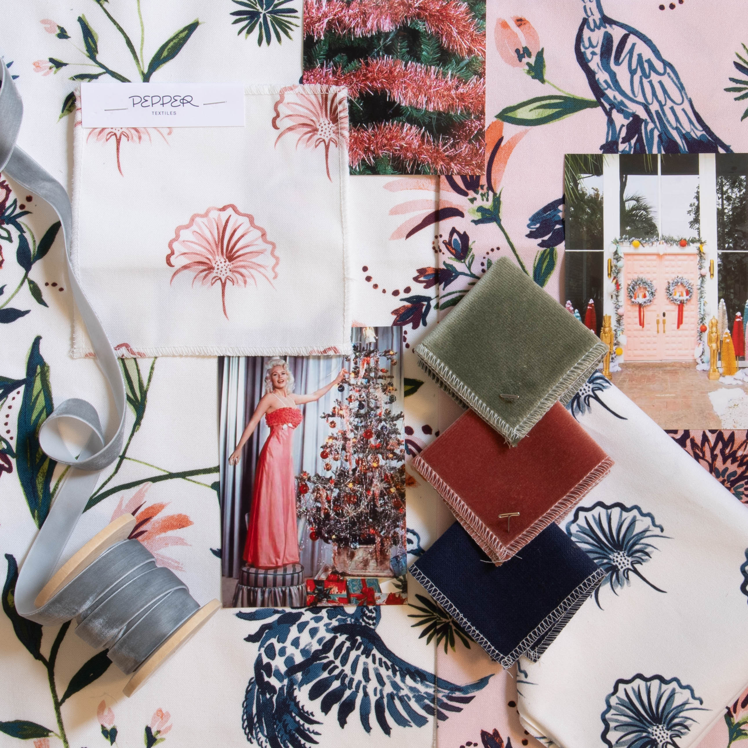 interior design mood board with cream and pink chinoiserie fabric swatches, solid green, coral, and navy blue velvet fabric swatches, and Rose pink and navy Floral Printed Cotton Swatch 