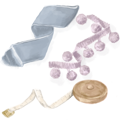 drawn picture of sky velvet band curtain trim, lilac pom pom trim, and a beige measuring tape 