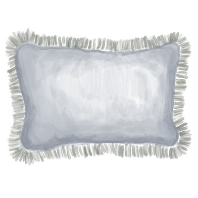 hand drawn blue lumbar pillow with fringe on it 