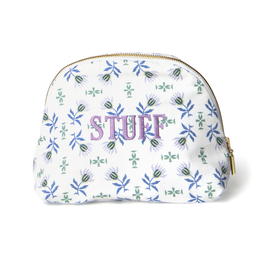 Blue & Green Floral Printed Monogrammed Pouch with gold zipper
