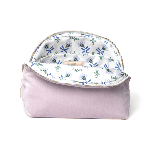 Lilac velvet Pouch with gold zipper and Blue & Green Floral Print on the inside