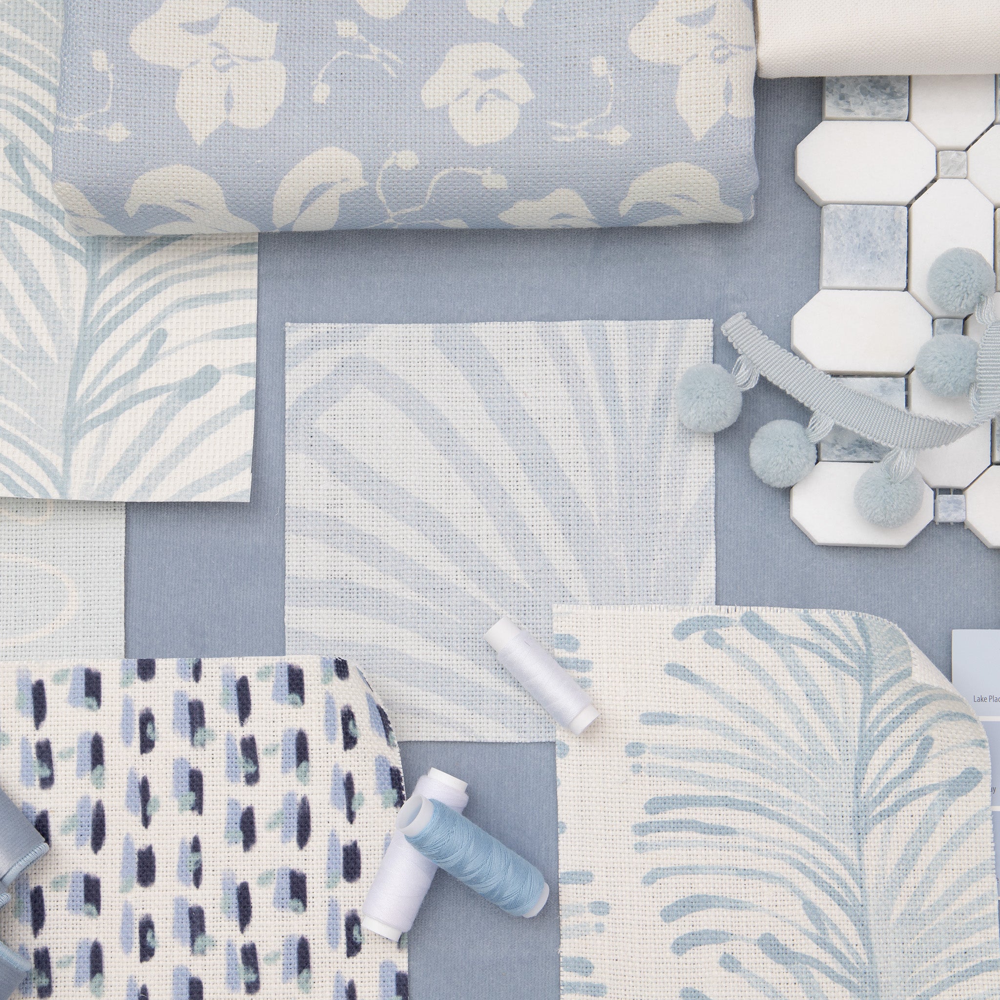 Interior design moodboard and fabric inspirations with Sky Blue Botanical Stripe Printed Swatch, Sky and Navy Blue Poppy Printed Swatch, and Sky Blue Palm Printed Swatch