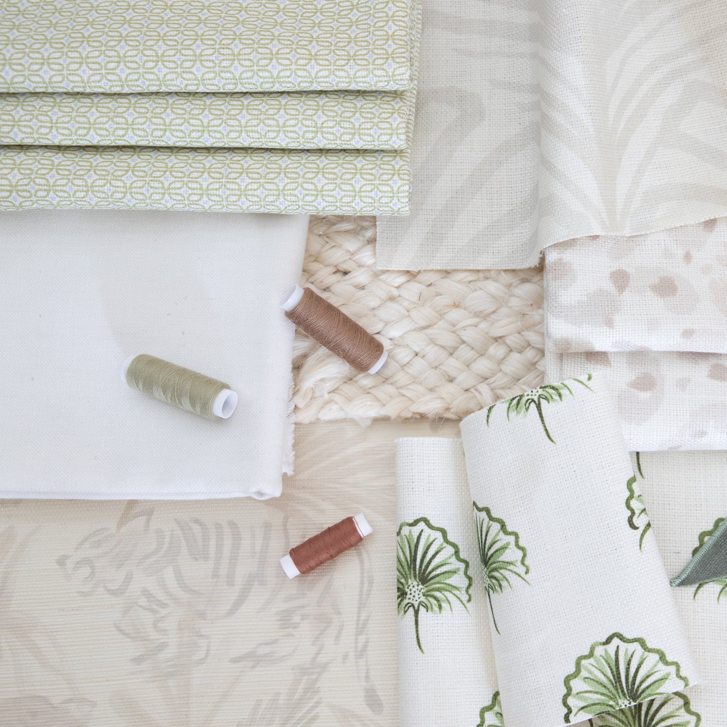 Interior design moodboard and fabric inspirations with Beige Chinoiserie Tiger Printed Linen Swatch, Beige Botanical Stripe Printed Linen Swatch, Beige Animal Printed Linen Swatch and Green Floral Printed Linen Swatch