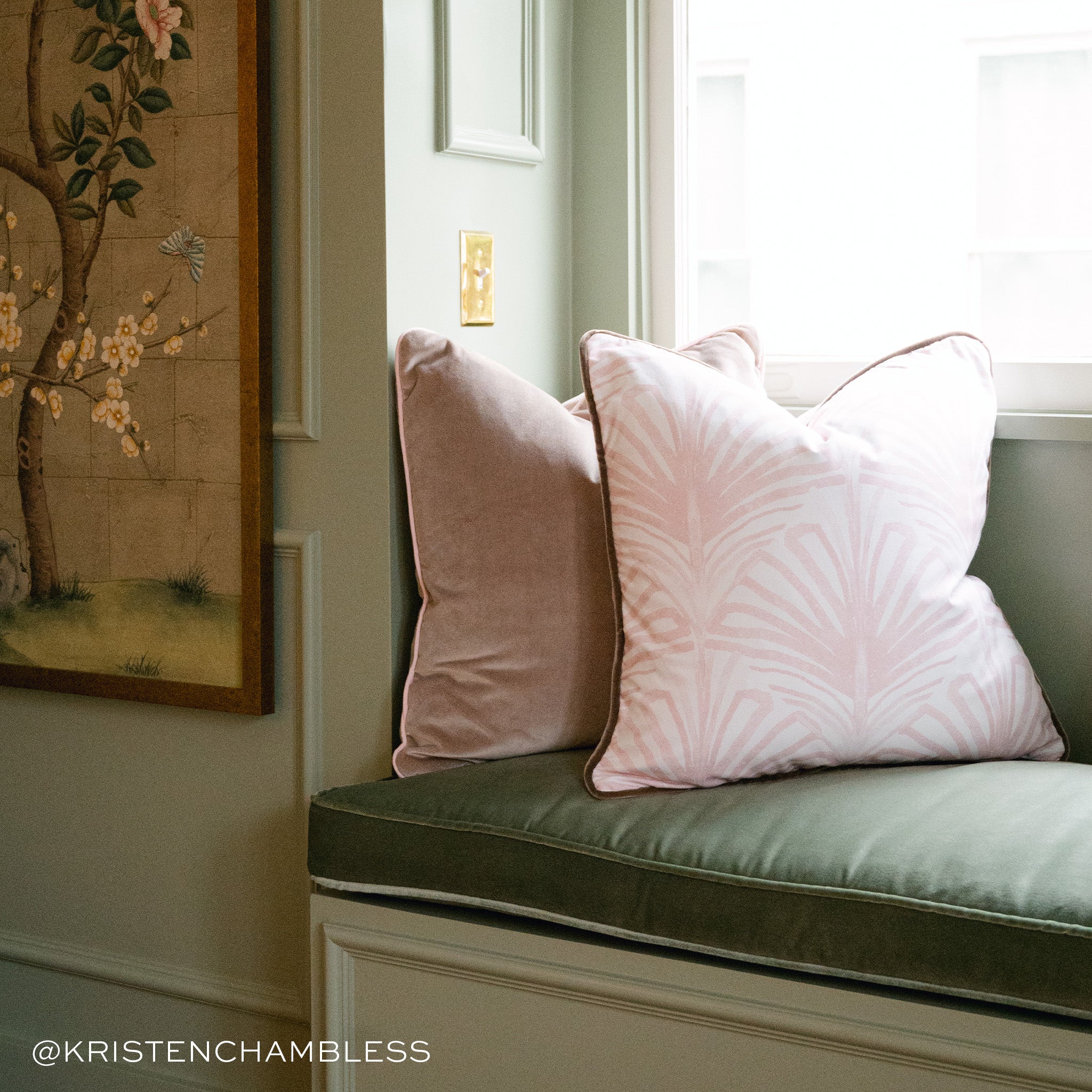 Corner styled with a Fern Green Velvet Mattress under Mauve Velvet Pillow and Rose Pink Art Deco Printed Pillow by illuminated window