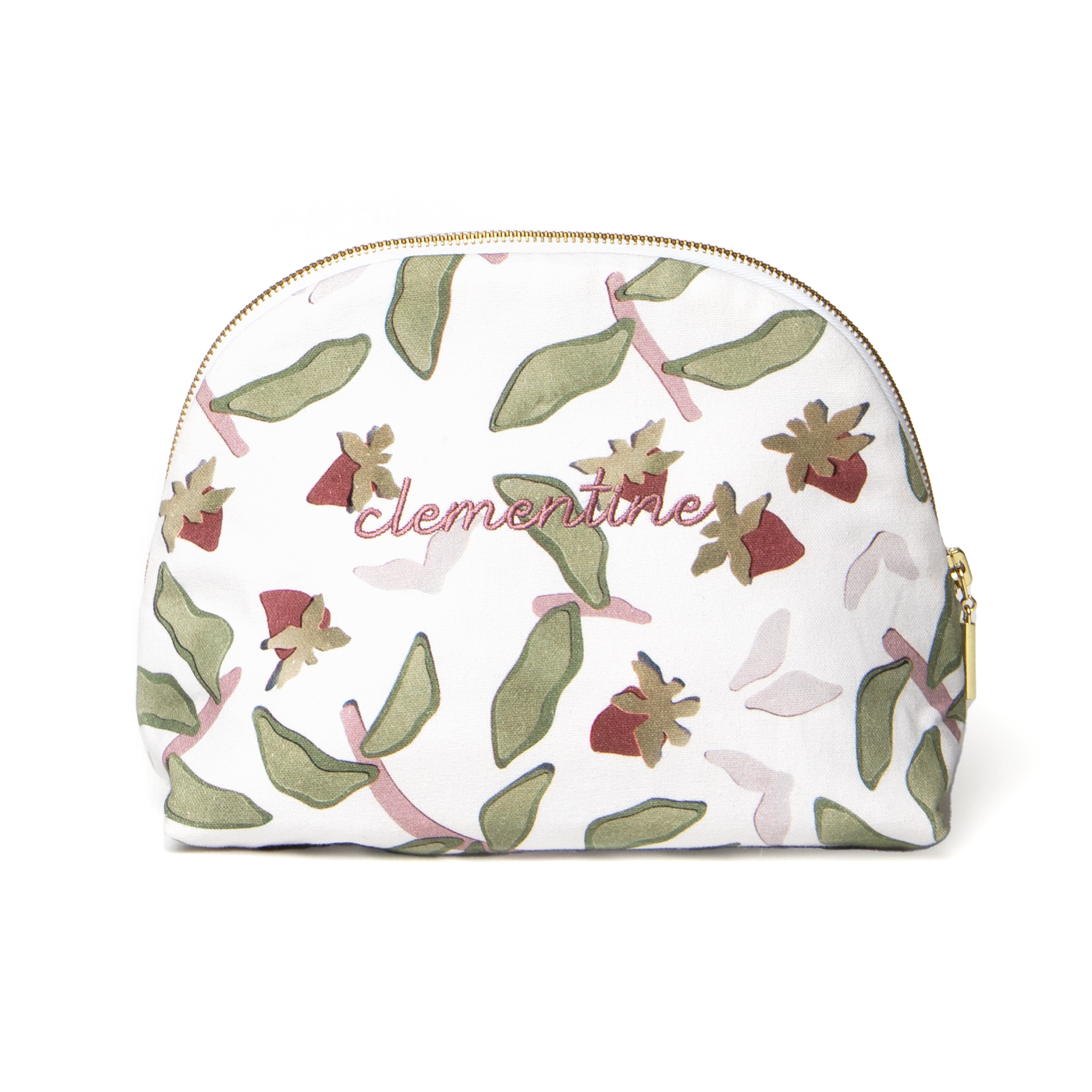 Strawberry & Botanical Printed Monogrammed Pouch with gold zipper