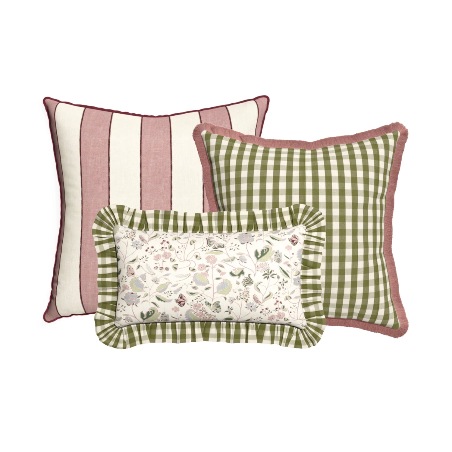 Oliver James pillow bundle featuring striped, gingham, and floral patterns with soft, customizable fabric accents.
