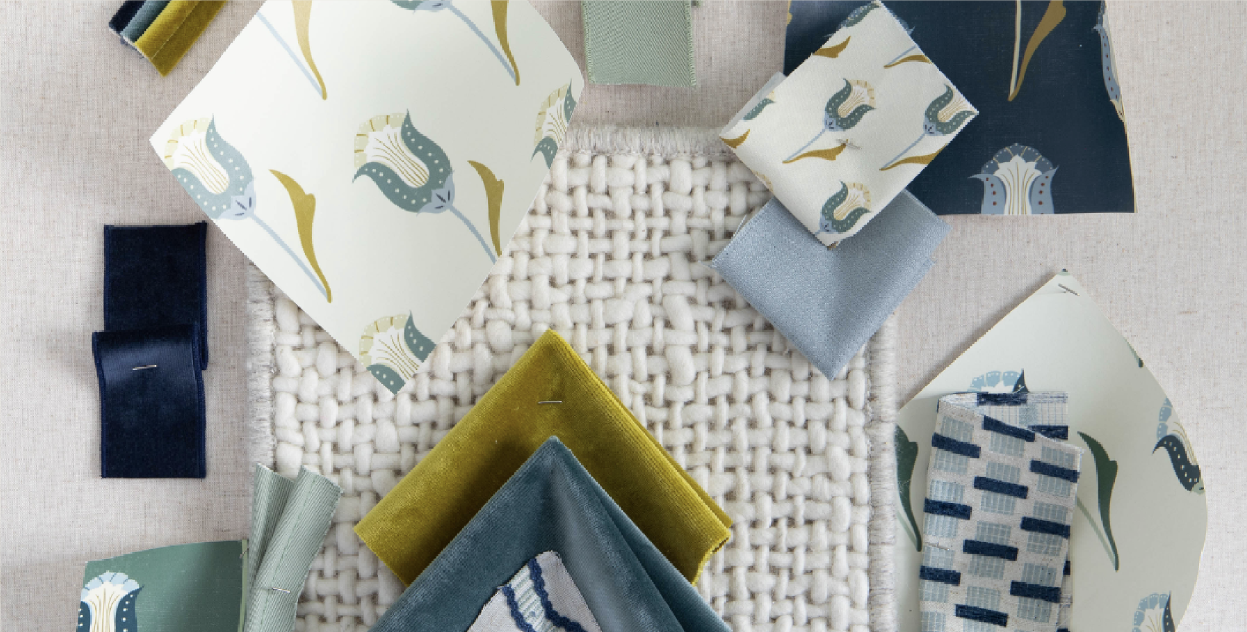 interior design mood board with abstract floral blue and green wallpaper and fabric swatches, velvet teal and golden chartreuse fabric swatches and blue and green trim options