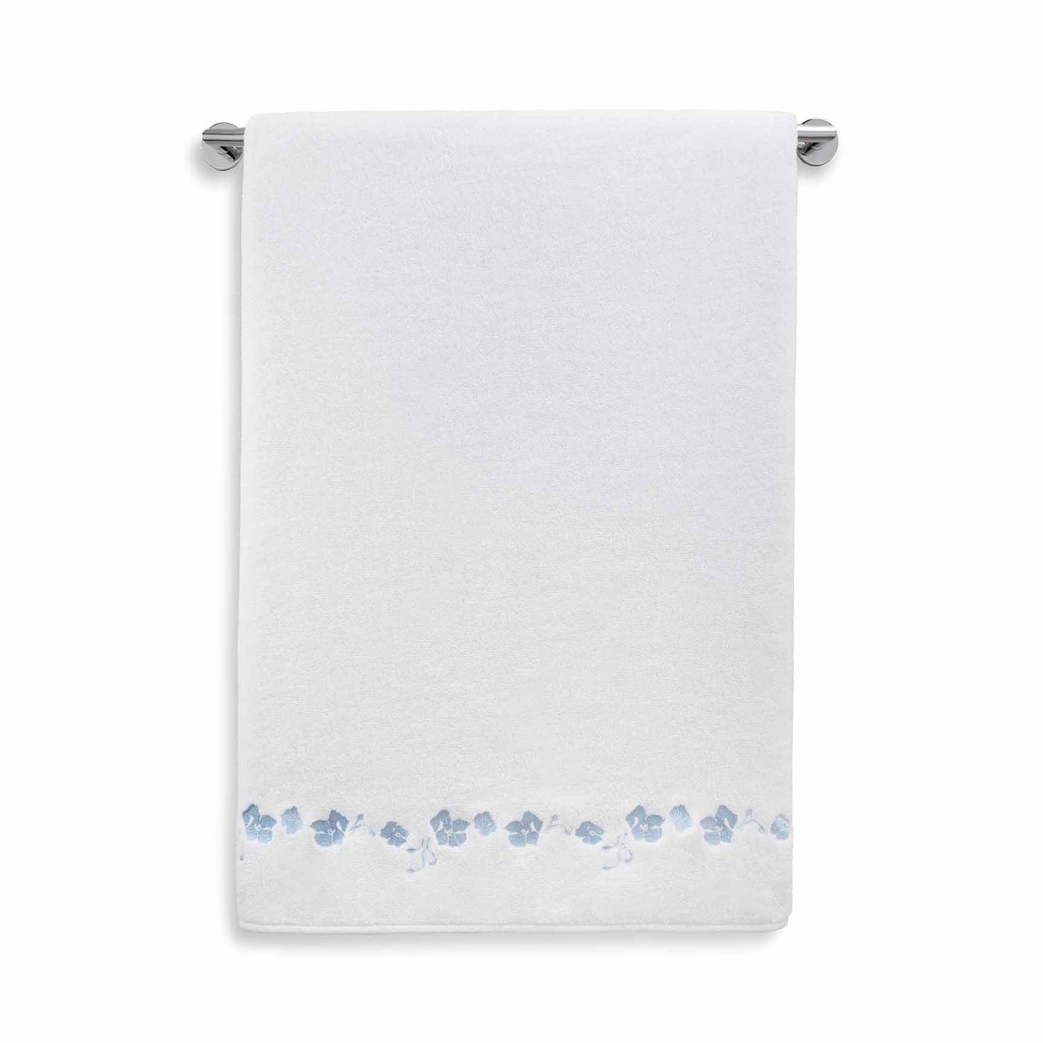 white towel with blue embroidered botanical stripe 