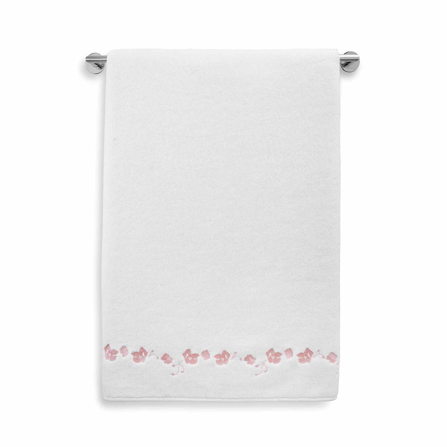 white towel with pink embroidered botanical pattern stripe 