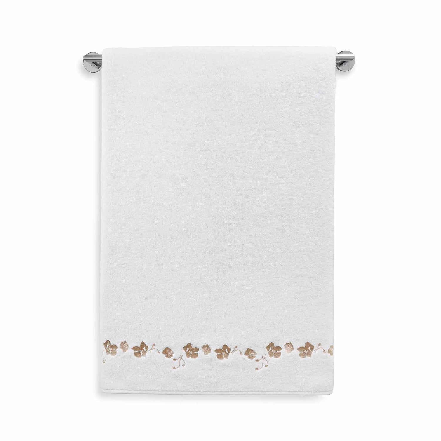 white towel with beige embroidered botanical stripe 