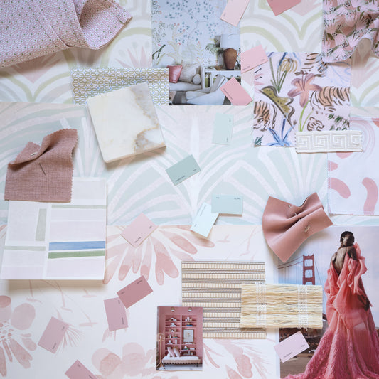 interior design mood board with pink floral and abstract wallpaper and fabric swatches with pink chinoiserie fabric swatch and pink and green geometric fabric swatch  