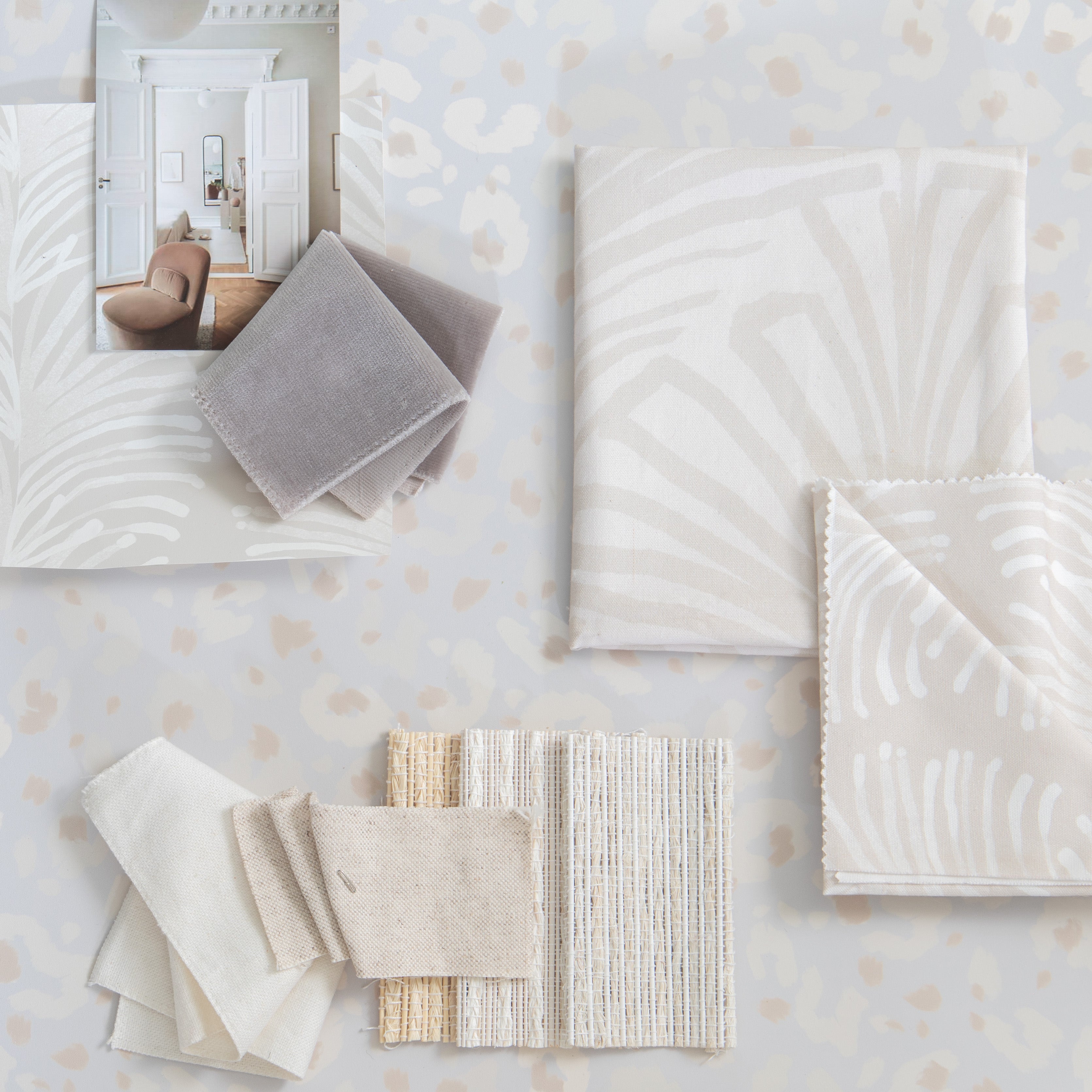 interior design mood board with Beige Palm Printed Cotton Swatch, beige botanical stripe printed cotton swatch, and neutral animal print wallpaper swatch