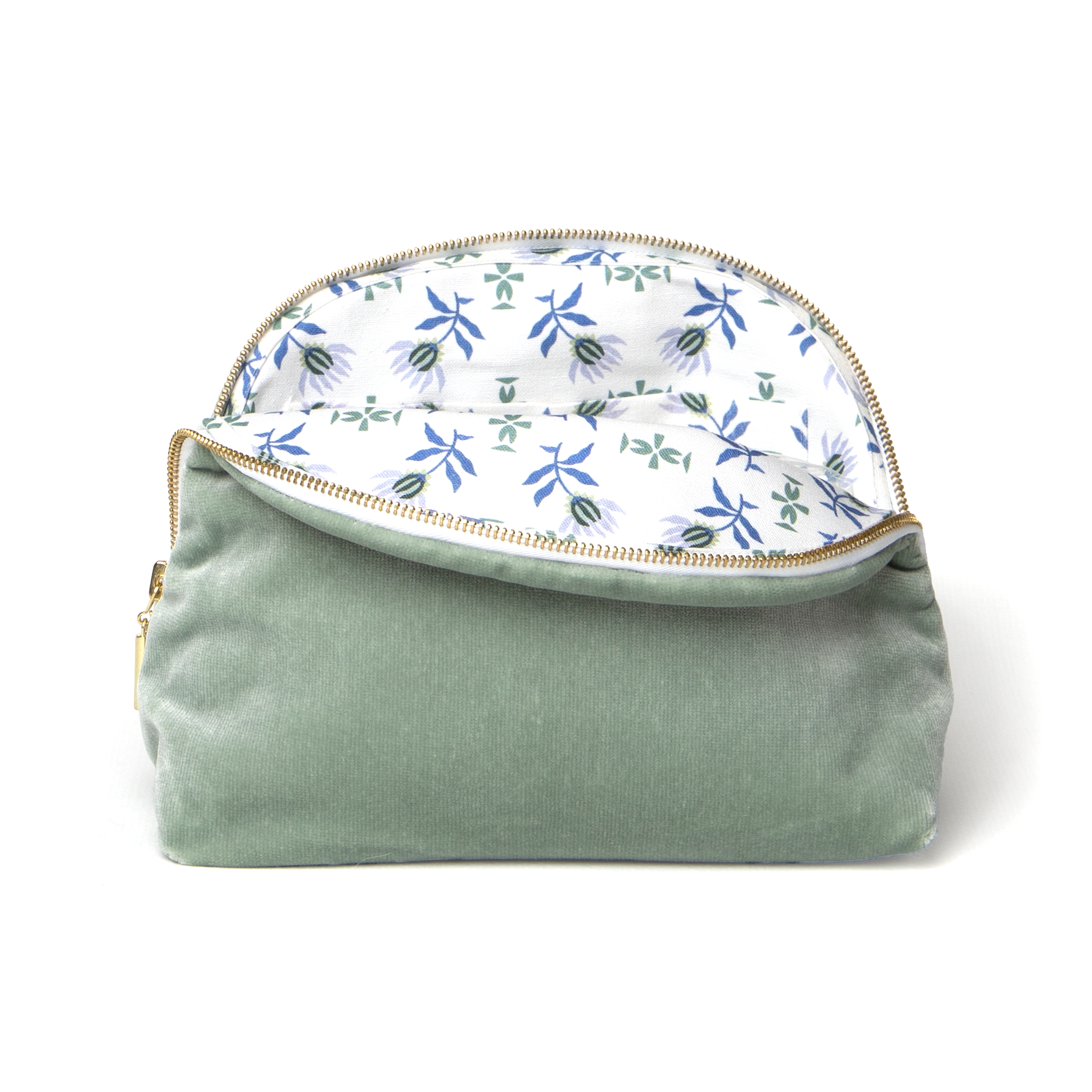 Blue Green Velvet Monogrammed Pouch with a Blue & Green Floral Print inside and gold zipper