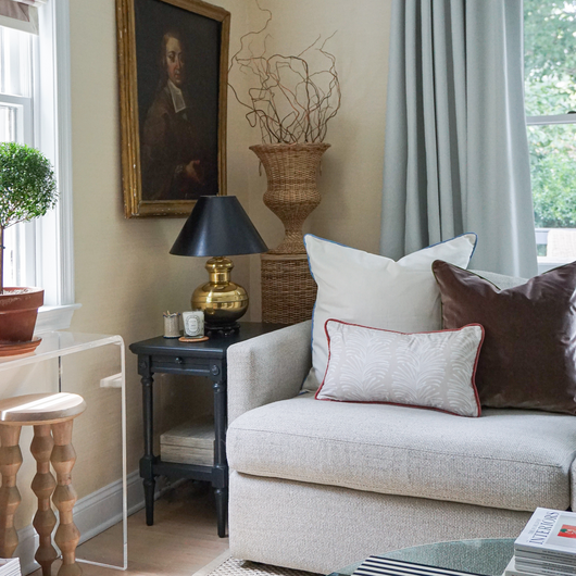 Shannon Claire living room with custom curtains and luxe pillows creating a cozy, inviting Pepper Home space.