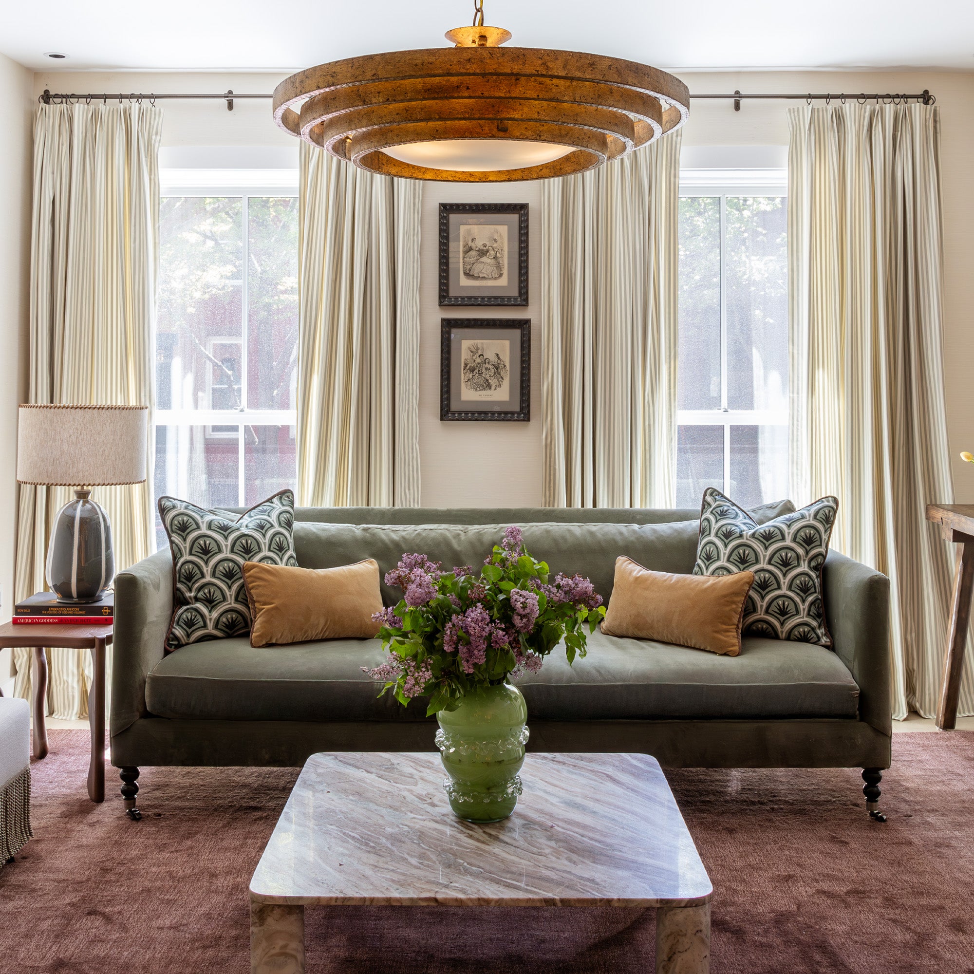 Styled KatyShuele Louisa Sage Curtain Thatcher Forest Pillow Camel Velvet