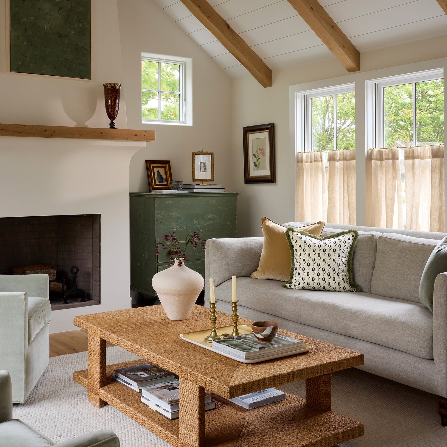 FEATURED: Oat Sheer Cafe Curtains / Camel & Annabelle Pillows