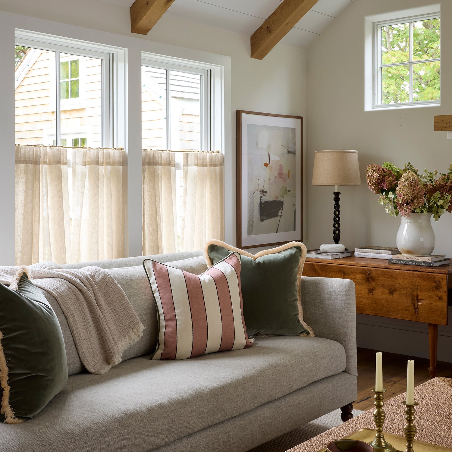 FEATURED: Oat Sheer Cafe Curtains / Fern & Florence Pillows