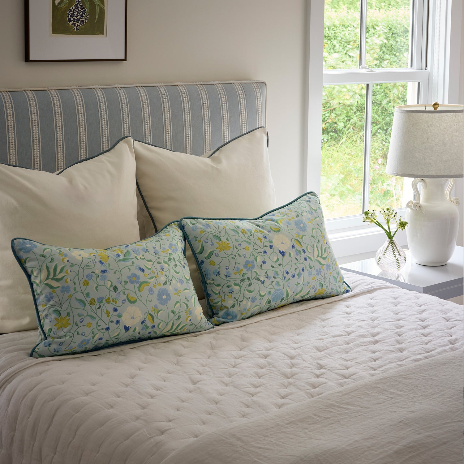 FEATURED: Delaney Headboard in Margot Mist / Flour & Lulie Eggshell Pillows
