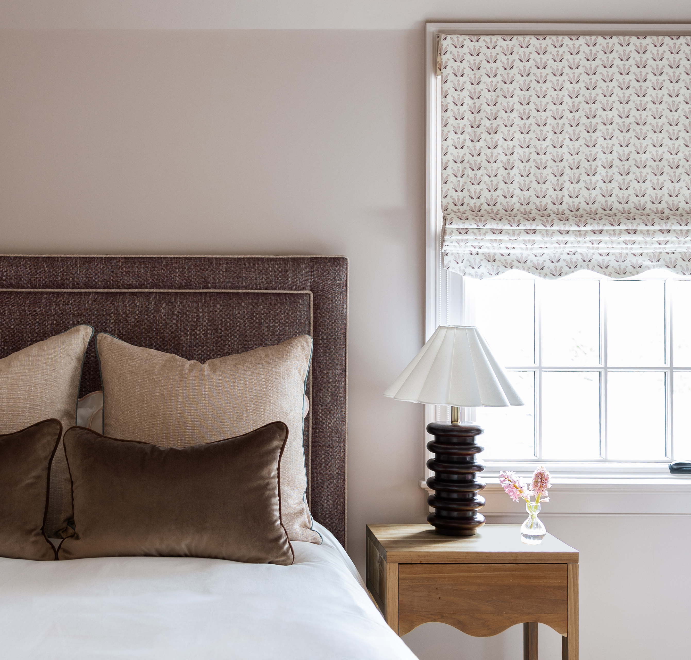 FEATURED: Delaney Bed in Burgundy / Dahlia & Walnut Velvet Pillows / Serena Pink Yardage