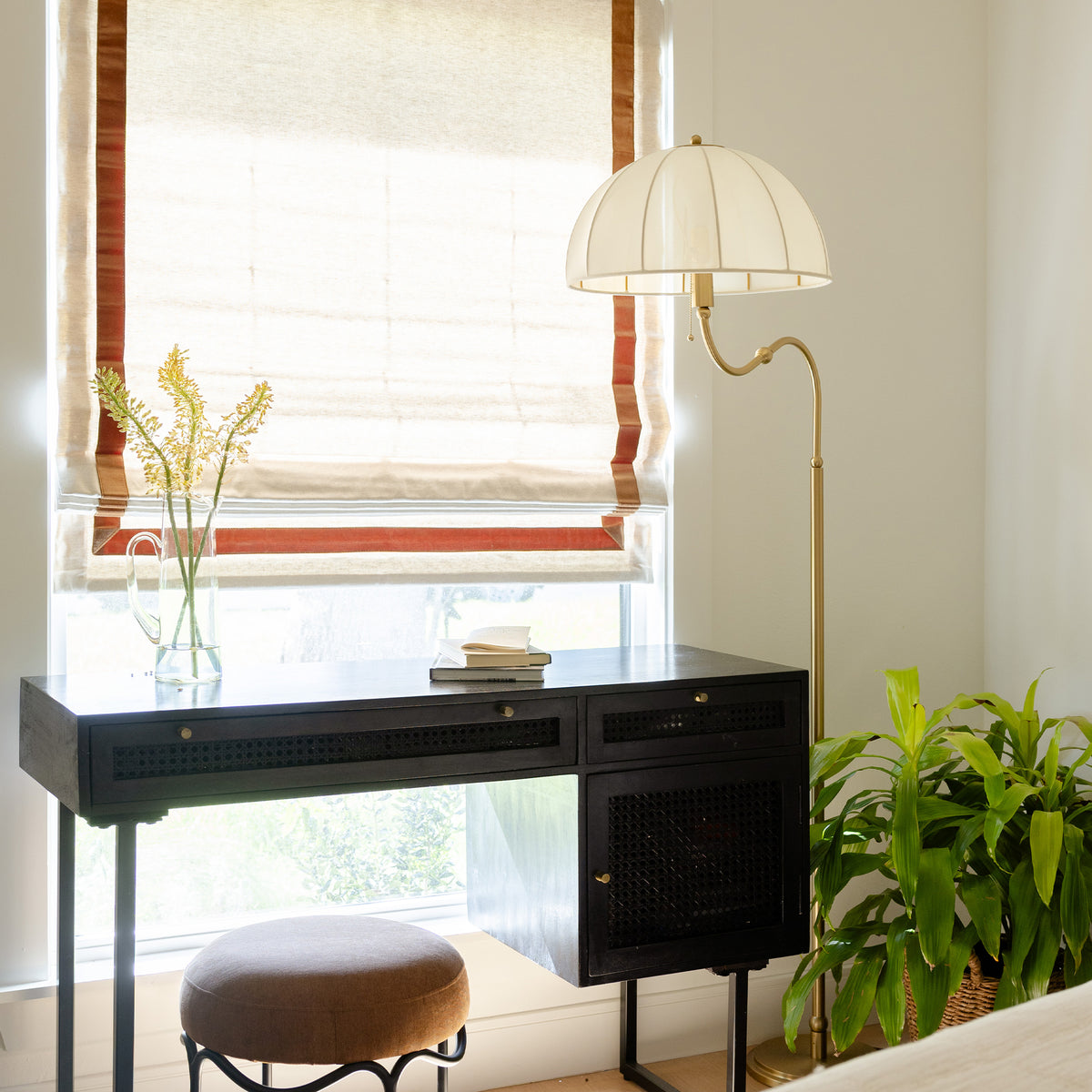 Oat Roman Shade in a bright home office, made to order in the USA with short lead times