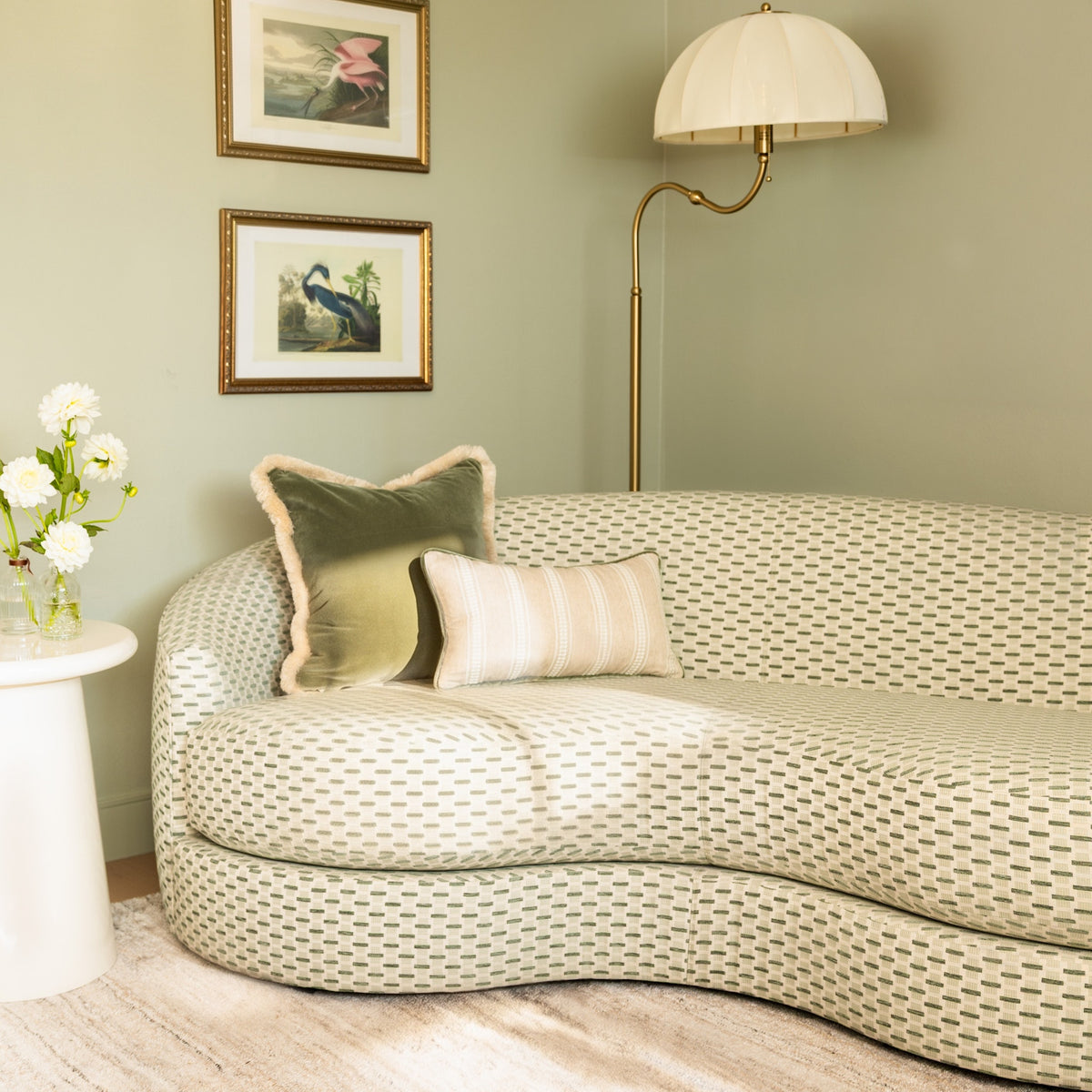 FEATURED: Simone Sofa in Willow Mint / Fern Velvet and Margot Flour Pillows