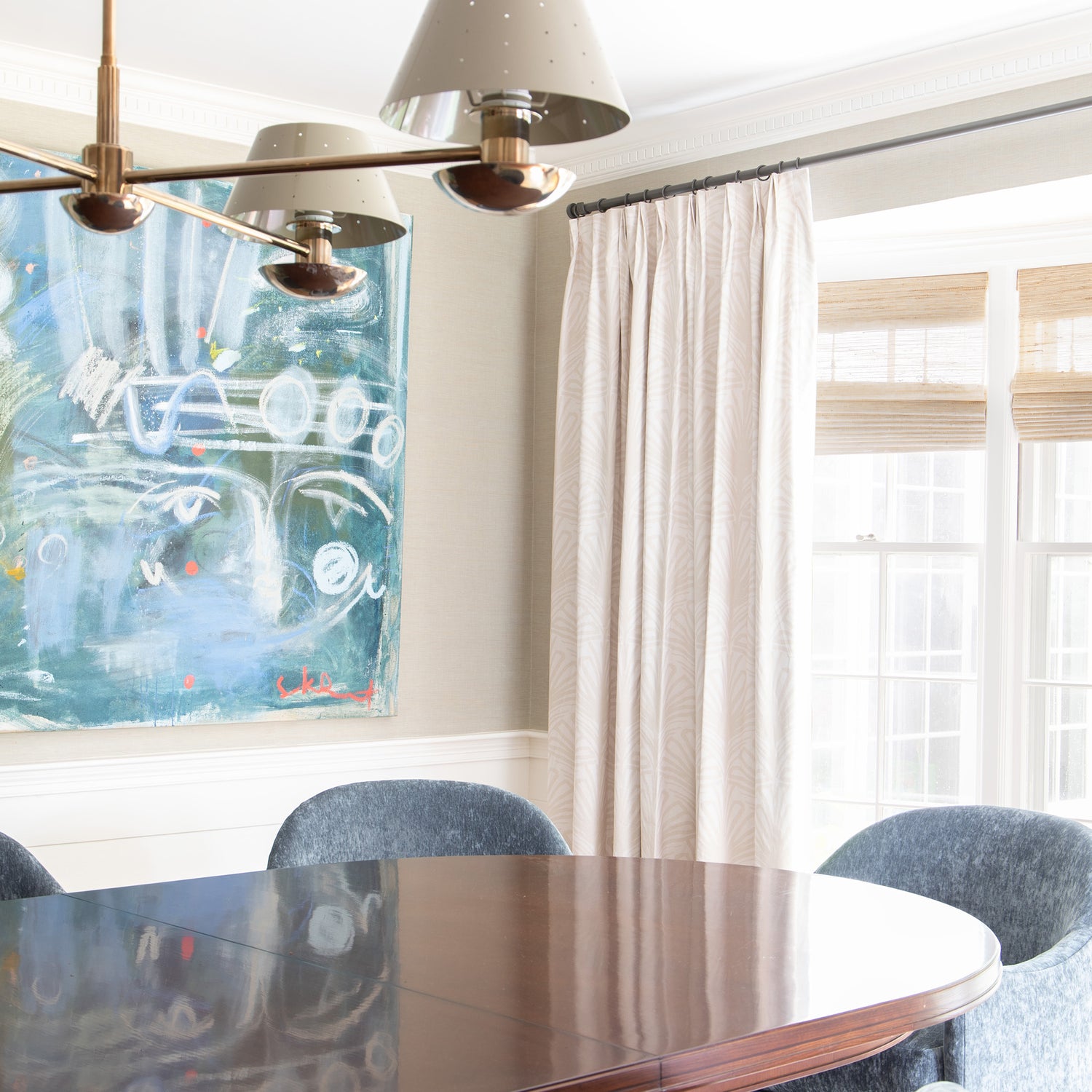 Dining room styled with Beige Palm Printed Curtains with blue painting on wall