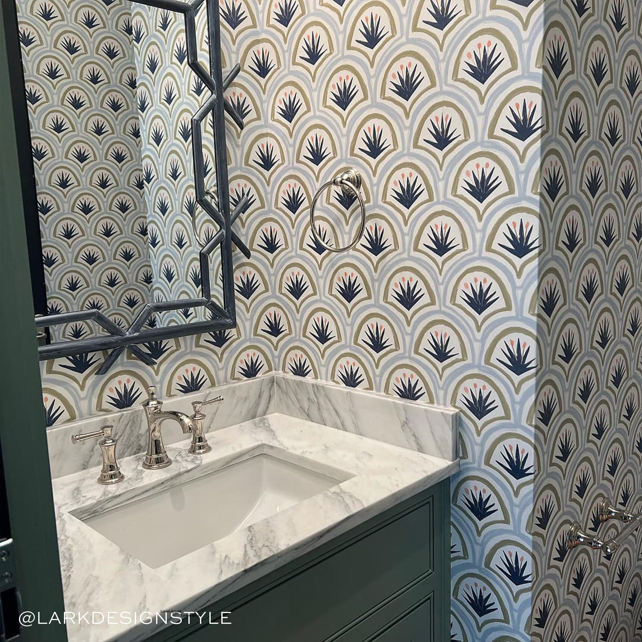 Close-up of Bathroom granite white sink styled with Art Deco Palm Pattern Printed Wallpaper. Photo taken by Lark Design Style 