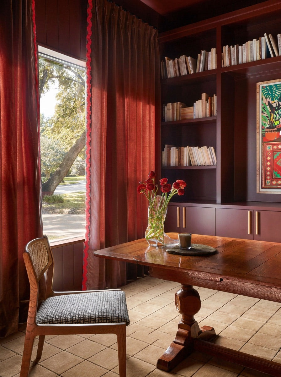 Cherry custom curtains in rich red fabric with scalloped edge, made-to-order, short lead times, manufactured in the USA