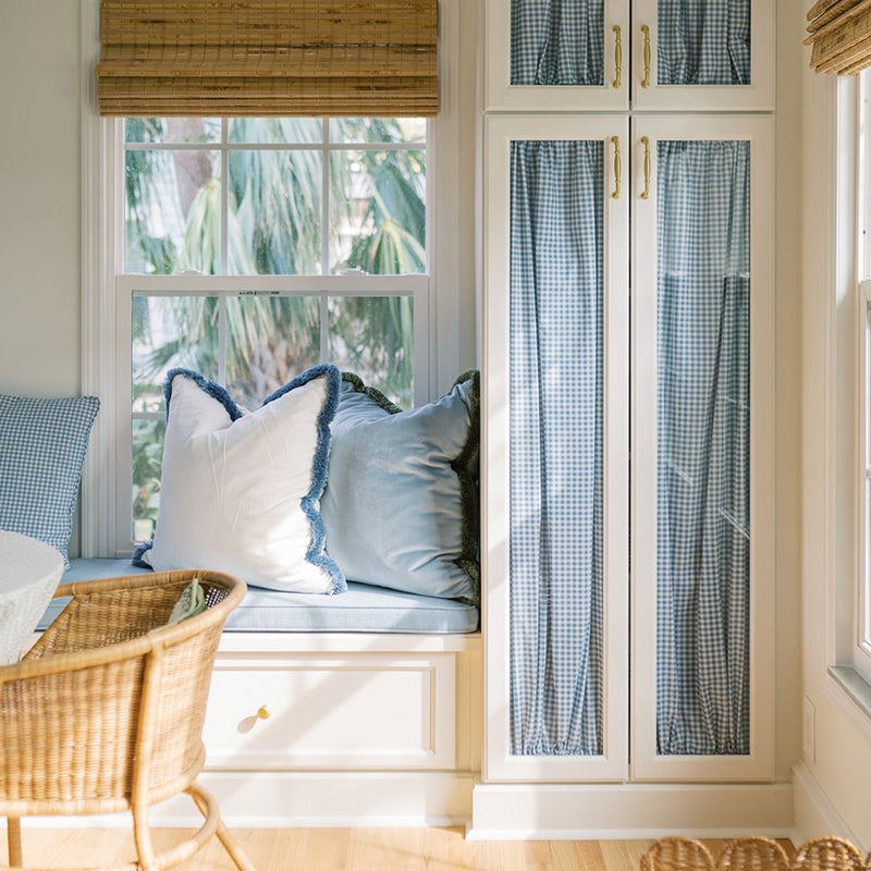 Sky Velvet fabric pillows in soft blue with fringe detail, made-to-order, fast delivery, quality crafted in the USA