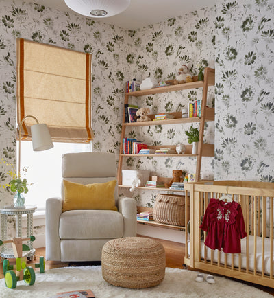 Cozy nursery with Blake Moss wallpaper featuring green botanical motifs, made-to-order, short lead times, manufactured in the USA