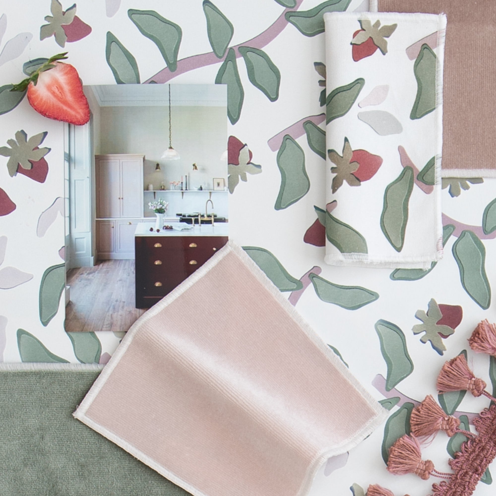 Interior design moodboard and fabric inspirations with Pink Velvet swatch, Mauve Velvet Swatch, Fern Green Velvet Swatch and Strawberry & Botanical Printed Swatch