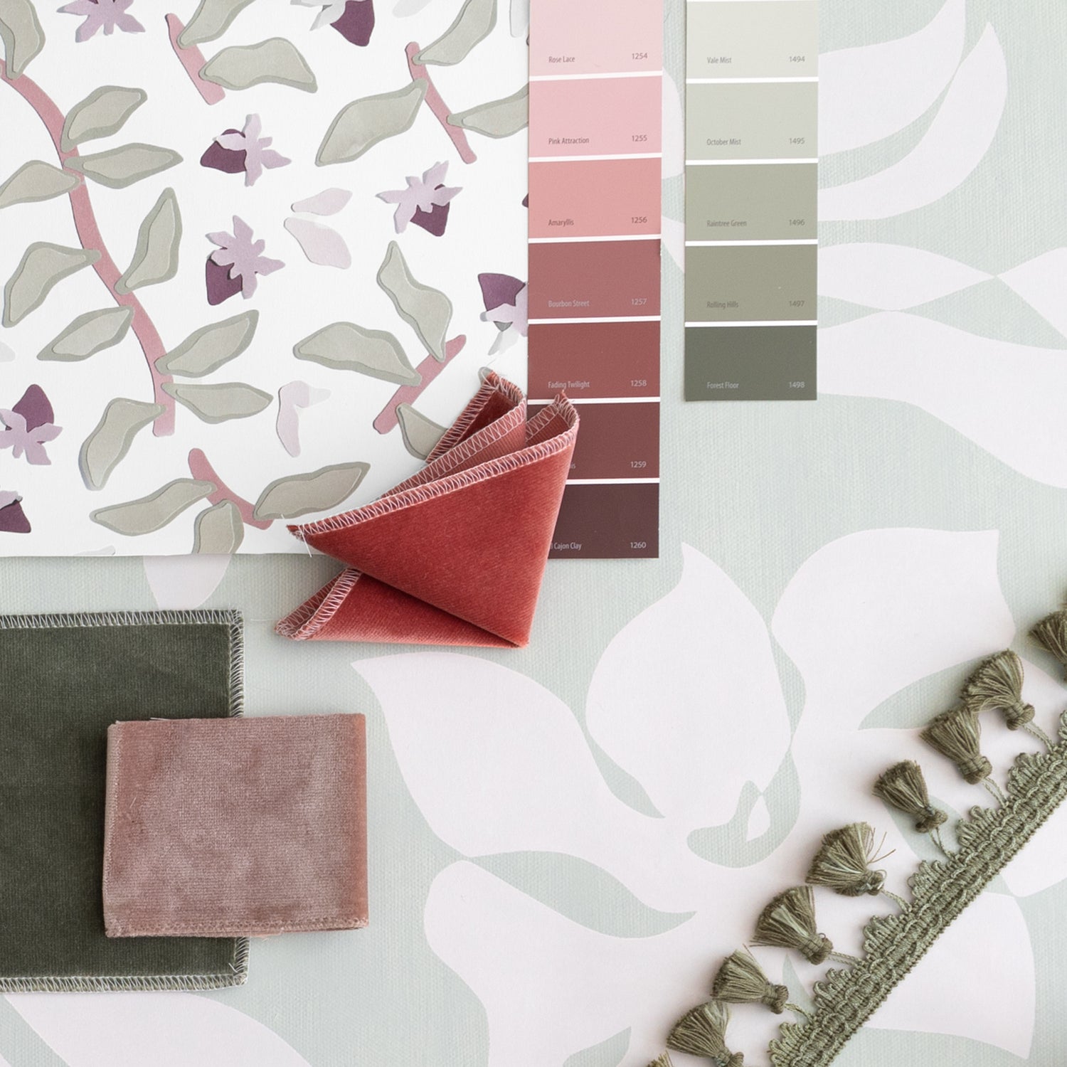 Interior design moodboard and fabric inspirations with Coral Velvet swatch, Mauve Velvet Swatch, Fern Green Velvet Swatch and Strawberry & Botanical Printed Swatch