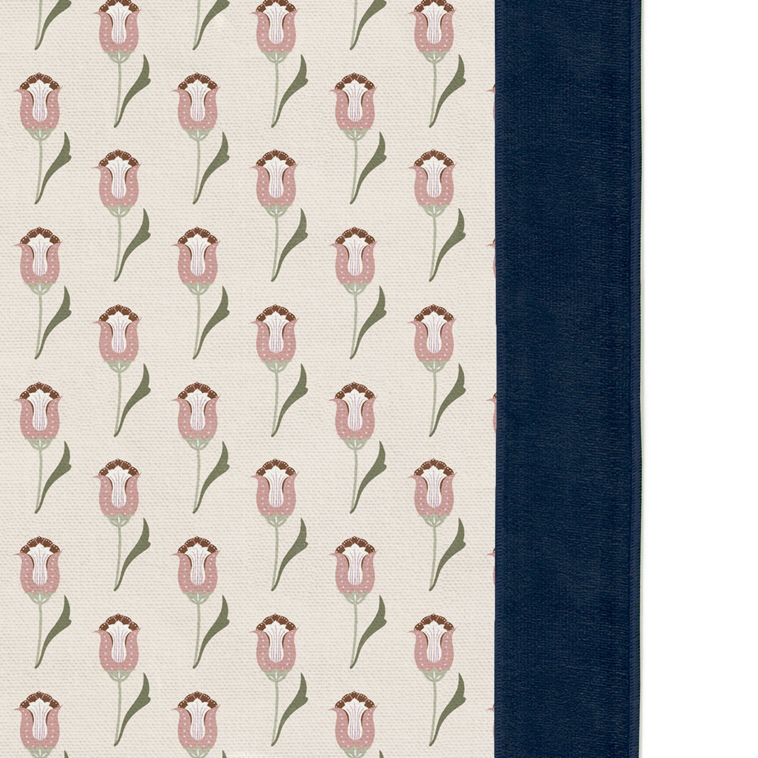 abstract floral pink curtain with navy blue velvet band