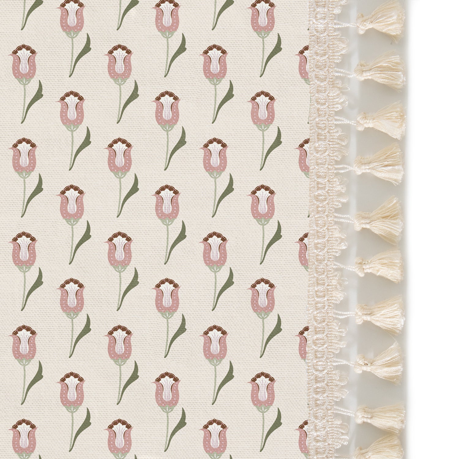 abstract floral pink curtain with cream tassels