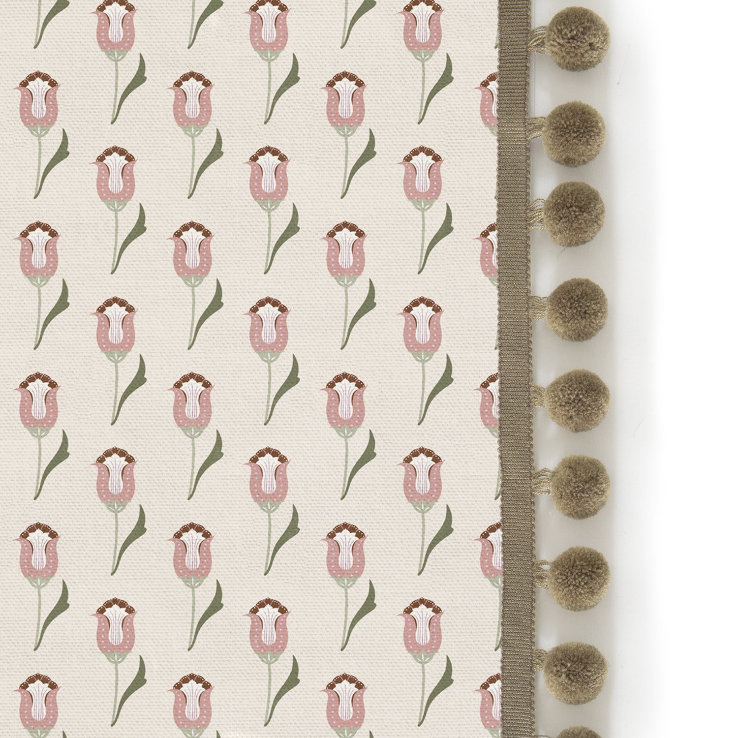 abstract floral pink curtain with olive green pom poms