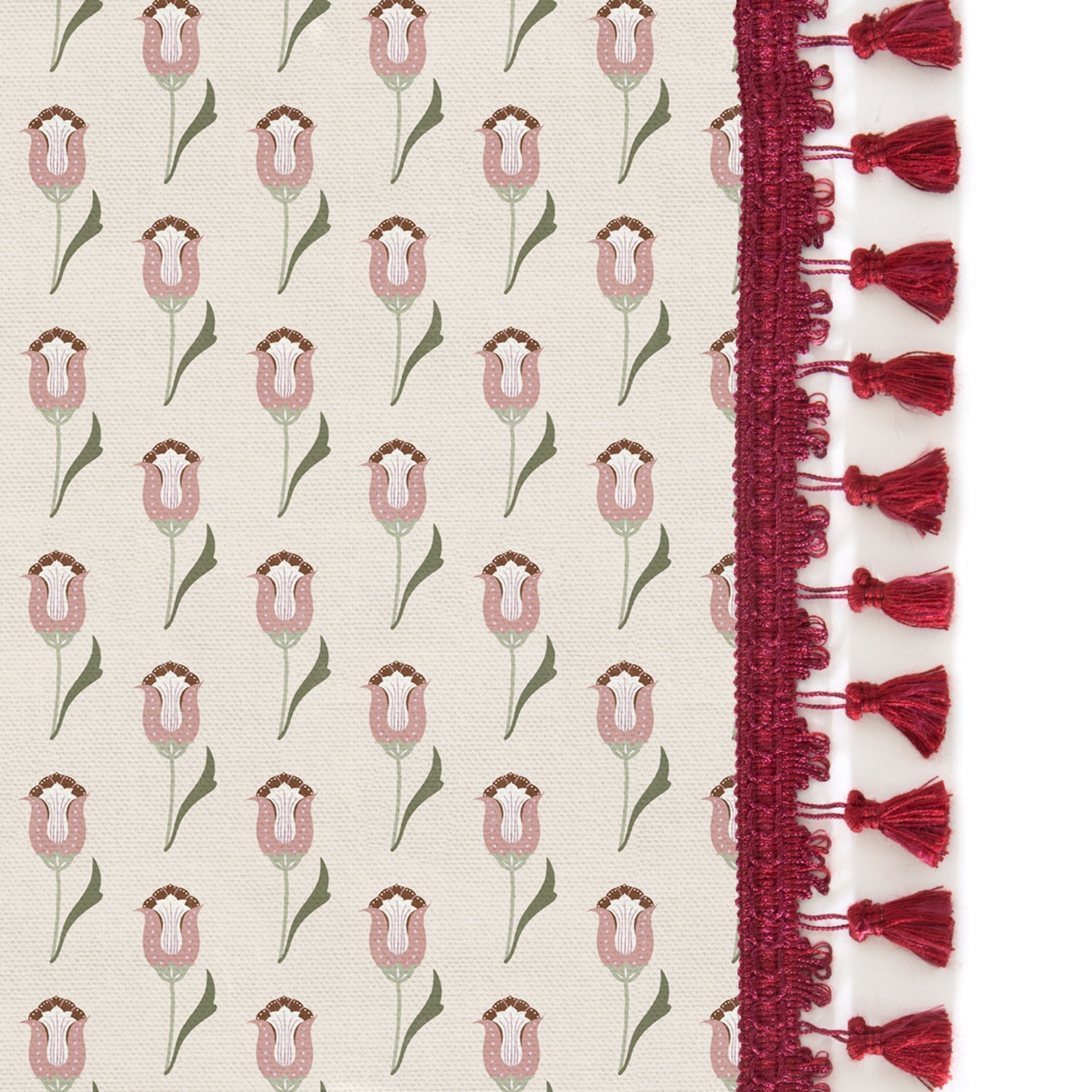 abstract floral pink curtain with red/pink tassels