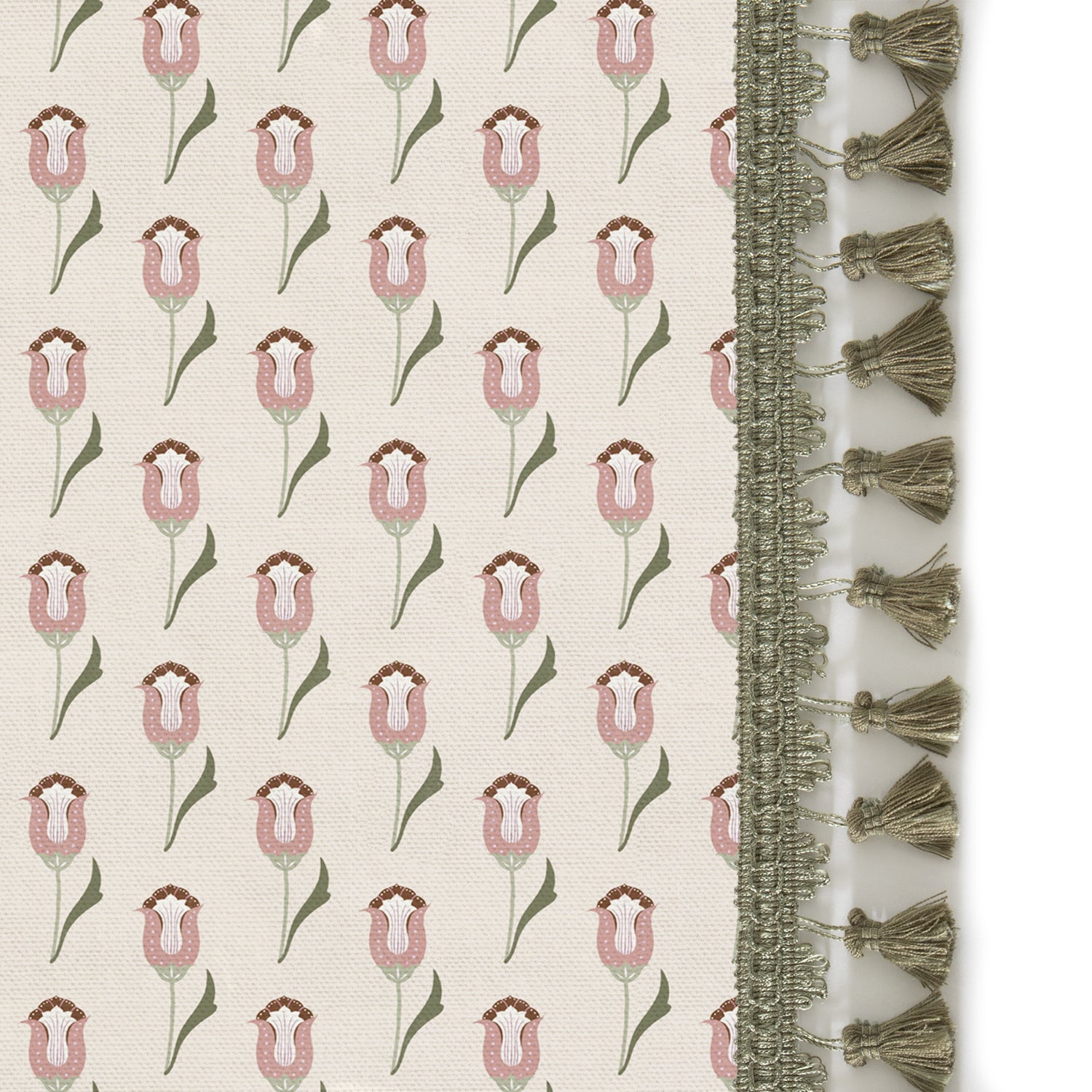 abstract floral pink curtain with sage green tassels