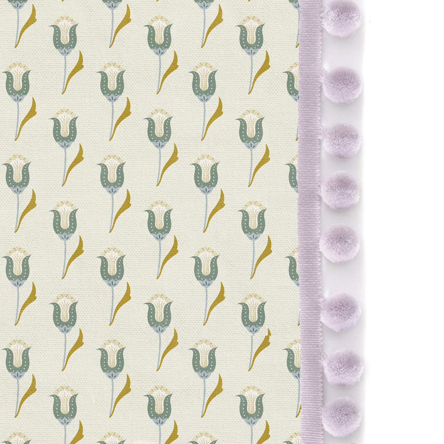 abstract floral green curtain with lilac pom poms